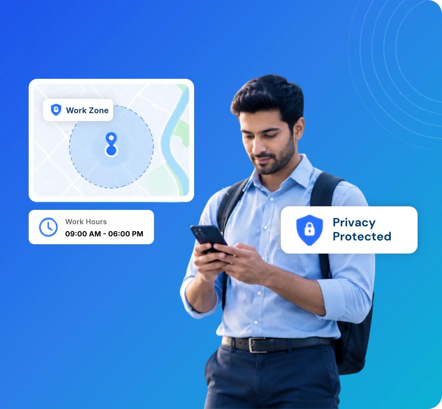 Field employee using privacy-protected working hours and work-zone location tracking