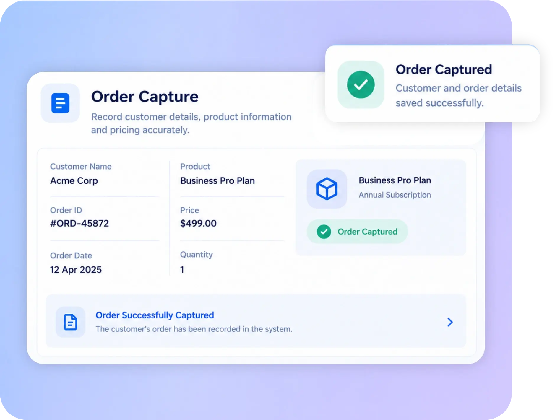 TrackOlap on-site customer order capture with product and pricing details