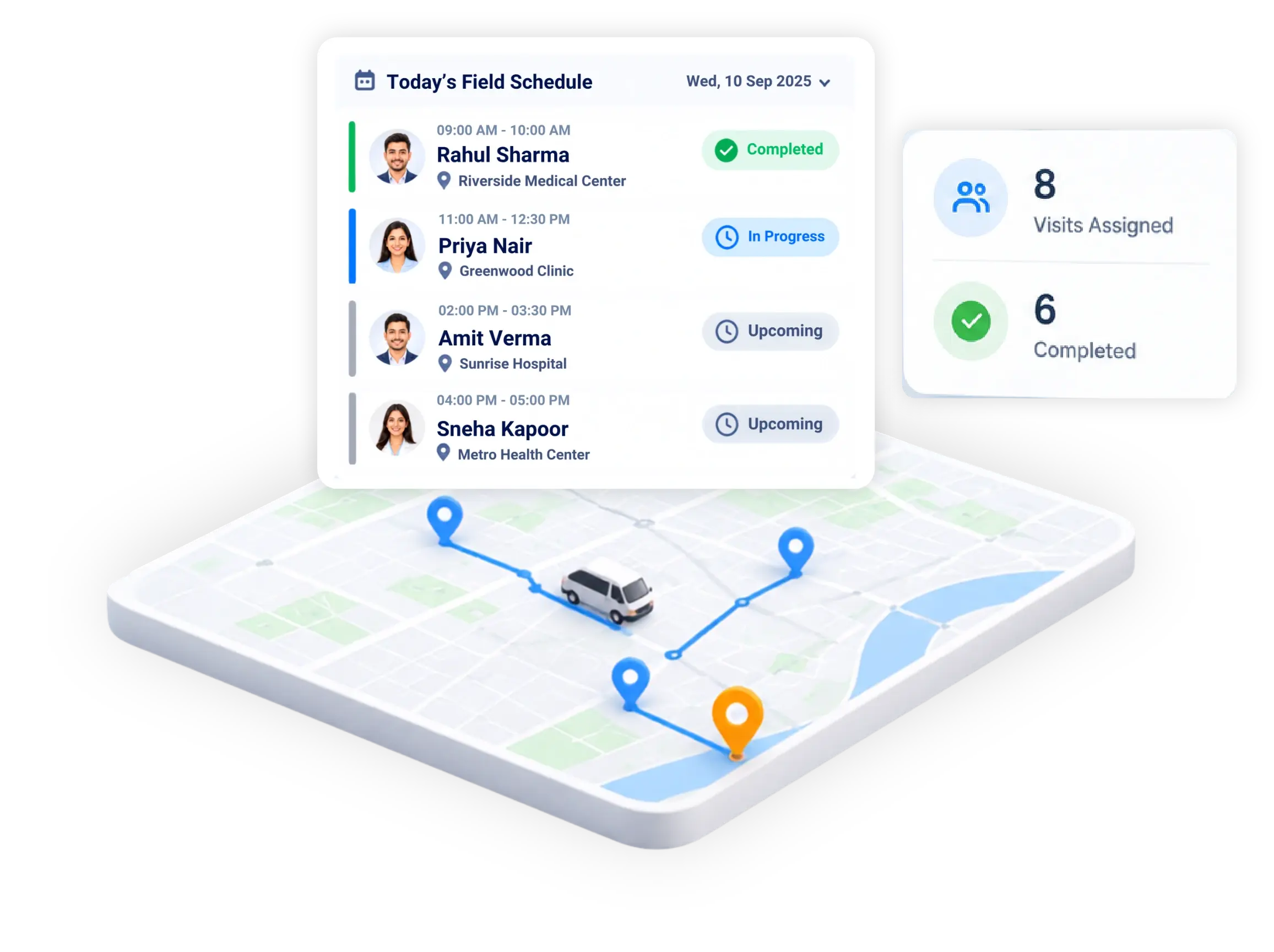 TrackOlap field schedule and mapped customer visits for daily beat planning