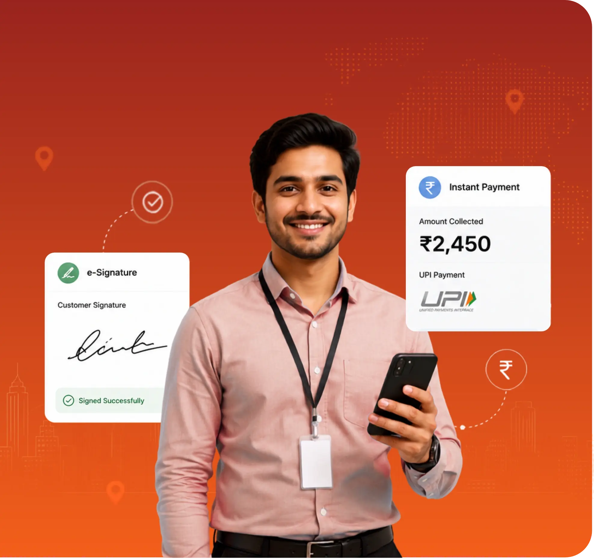 TrackOlap task execution showing customer e-signature and UPI payment collection