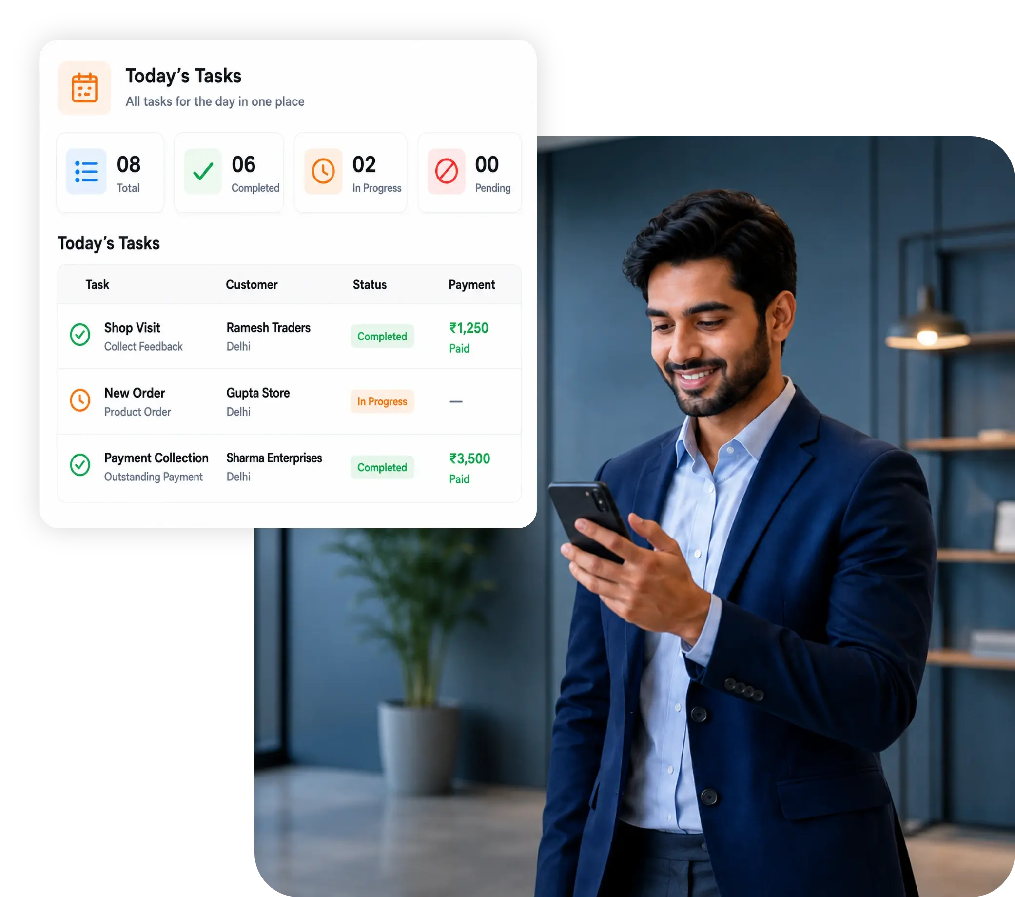 TrackOlap mobile task management app showing field task completion and customer payment collection