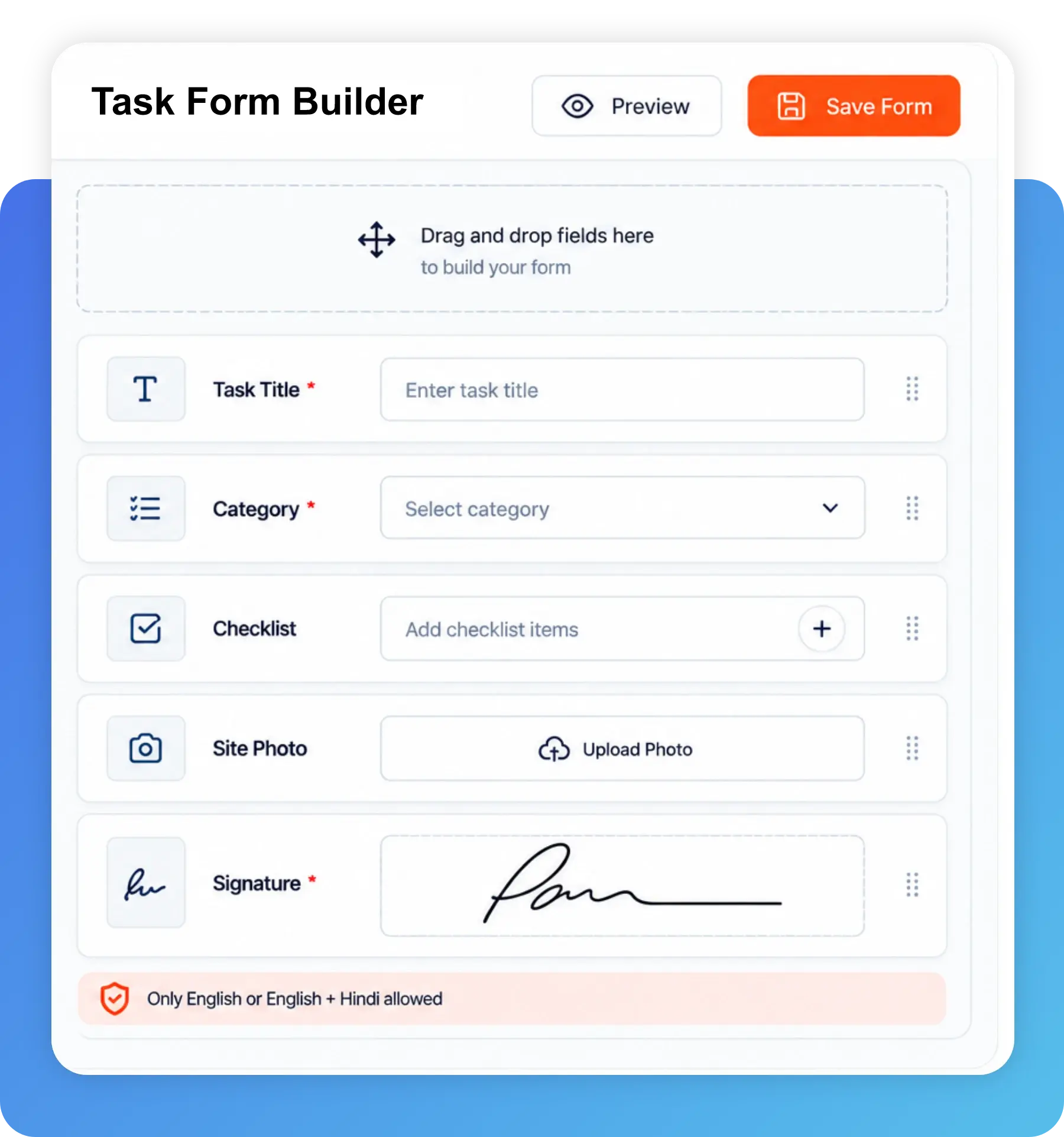 TrackOlap task management software custom form builder with configurable fields and validation