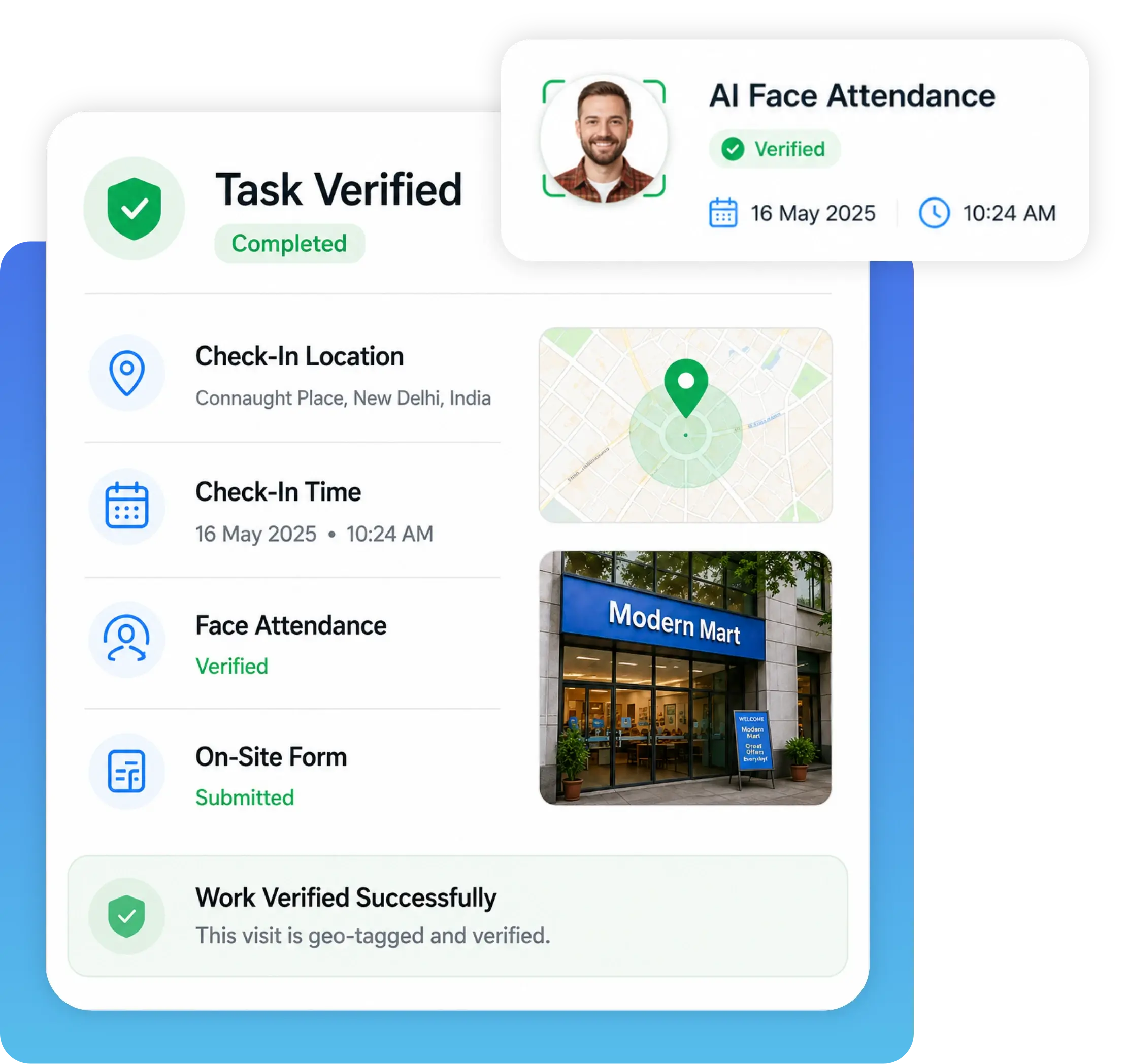 TrackOlap field task verification with AI face attendance and location-stamped check-in proof